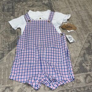 New Baby Essentials Boys 2 Piece Plaid Overall Shorts & Shirt Size 18 Months 18M